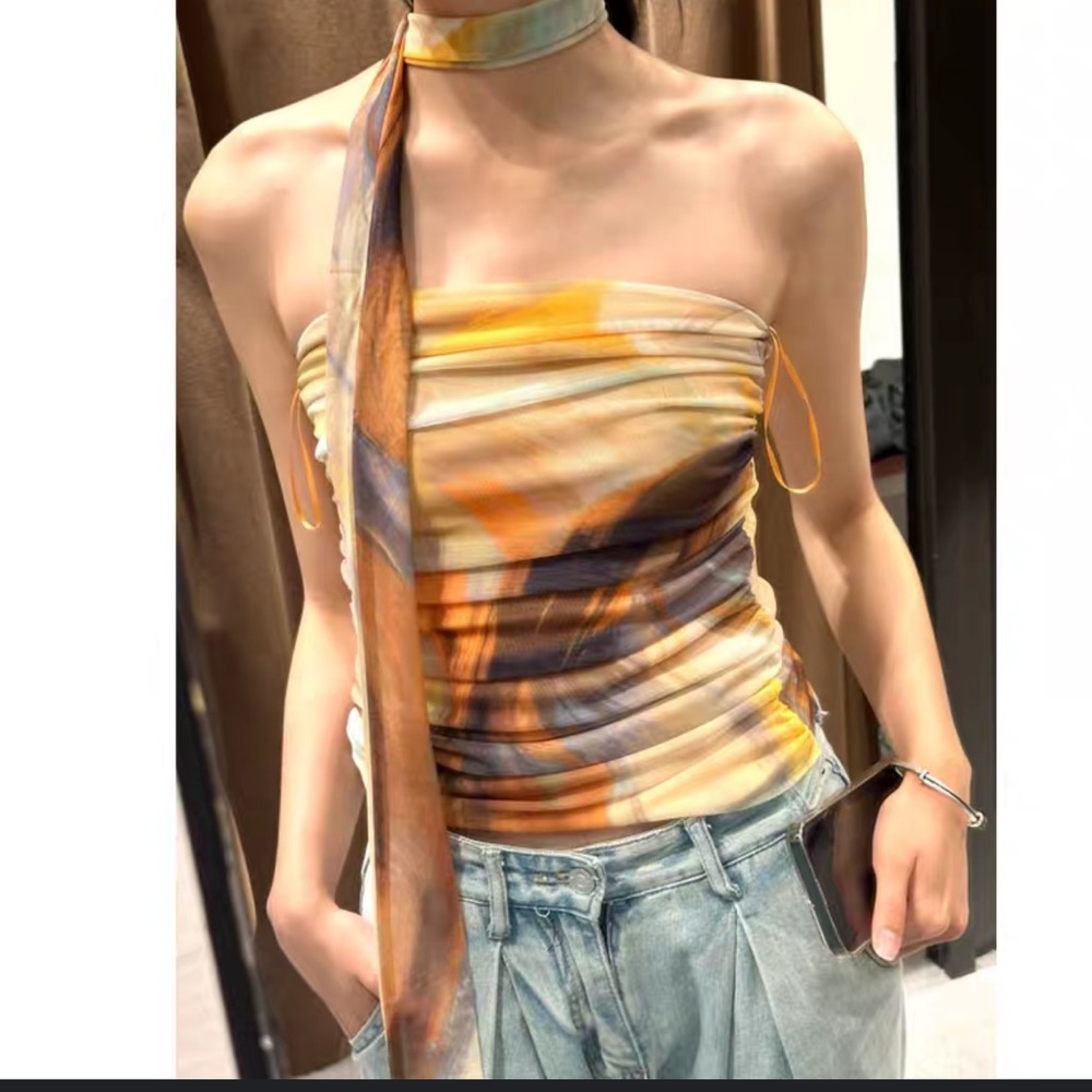 Printed tulle bandeau top small strapless neck scarf S Zara